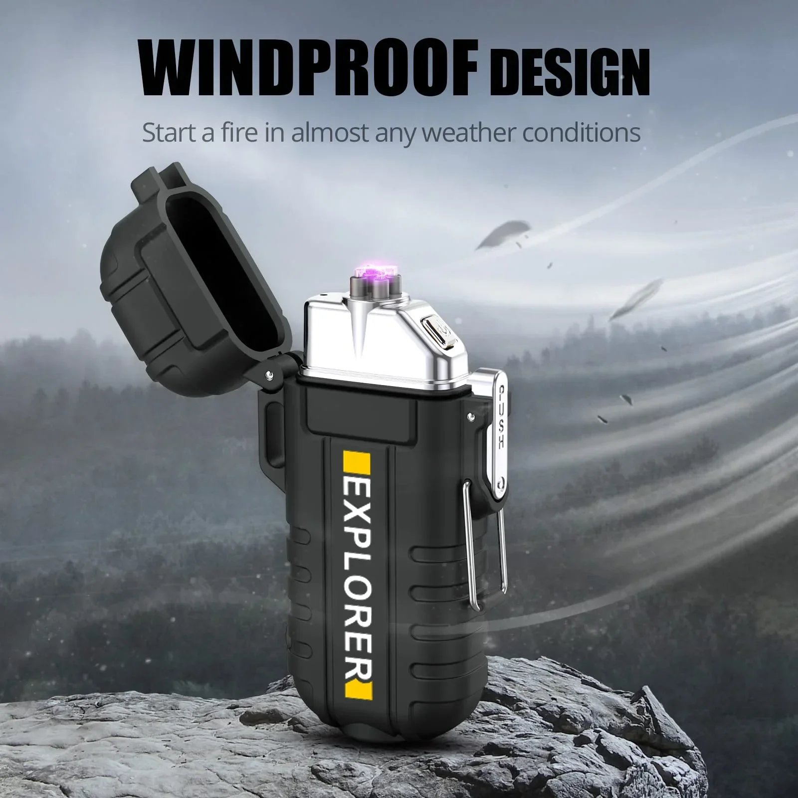 Outdoor USB Waterproof Plasma Lighter with Flashlight, Windproof Arc Lighter with Lanyard, Smoking Accessories