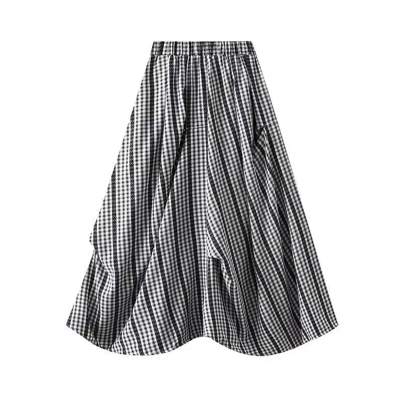不規則なエレガントな格子柄ミディスカート 女性用 2025年夏ファッション エレガントな女性用ルーズプリーツスカート