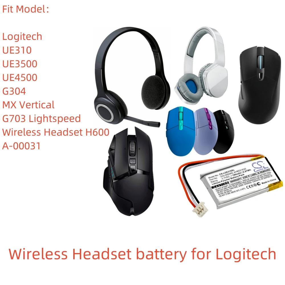 CS Li-Polymer Wireless Headset battery for Logitech.3.7V,180mAh,UE310 UE3500 UE4500 G304 MX Vertical G703 Lightspeed A-00031