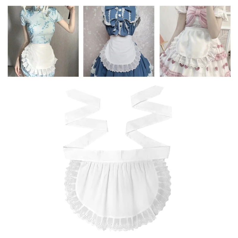 Women Maid Half Apron Maid Costume White Ruffled Apron Waitress Kitchen Cooking Waist Apron for Party Role Play Cosplay Props