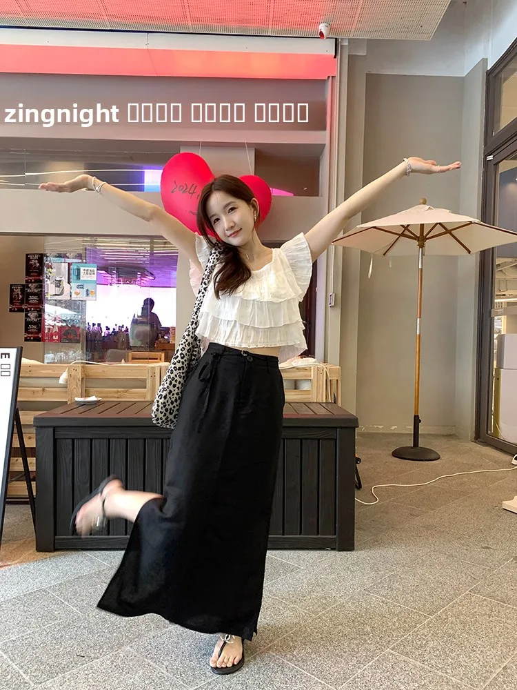 

XierZ High Waist Straight Leg Long Bla Linen Skirt Women's Midi Skirt Vintage Sle Mid-Length Pure Color A-Line Skirt