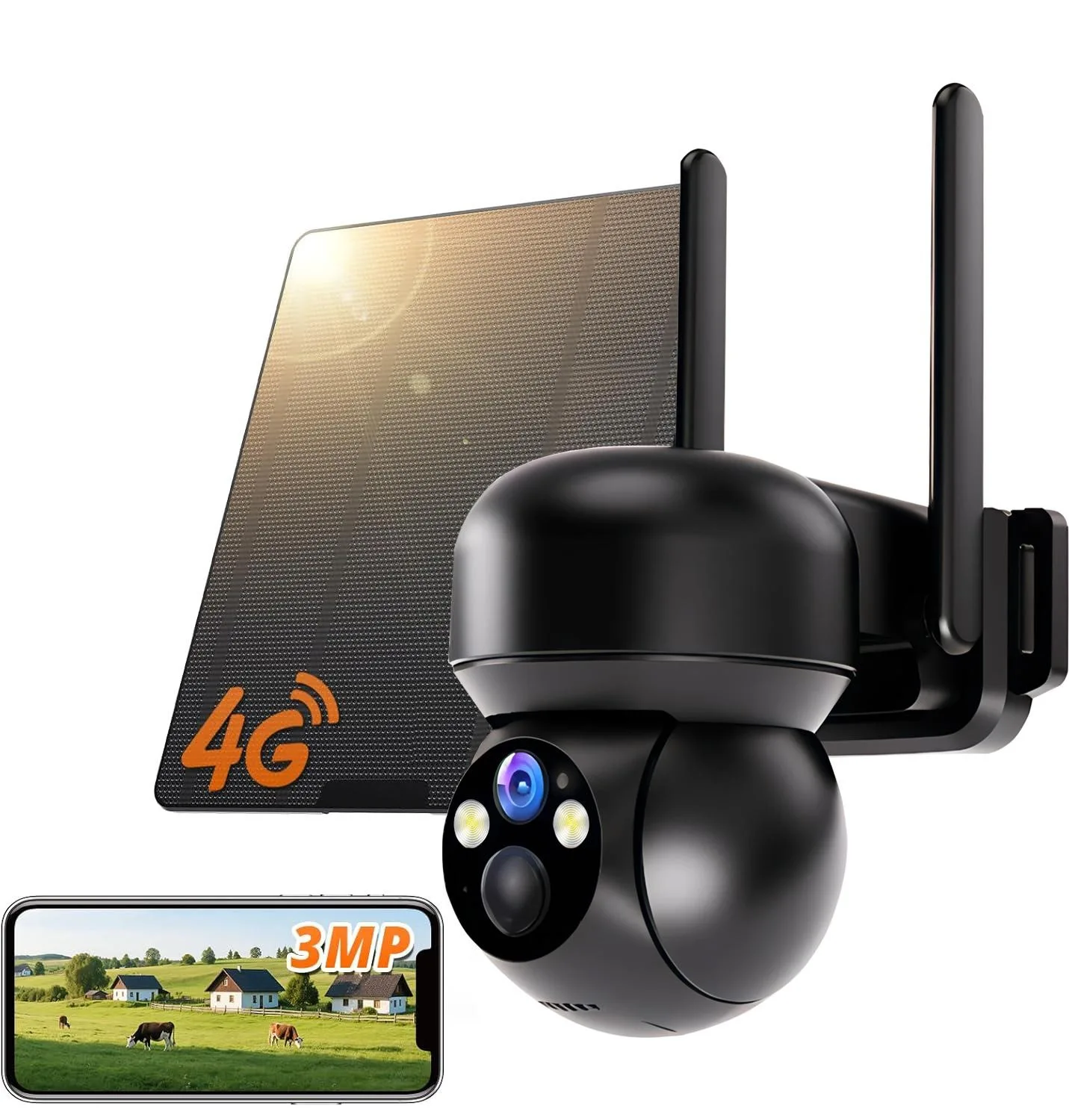 كاميرات مراقبة تعمل بالطاقة الشمسية 4G LTE - 360 °   PT 4K لون للرؤية الليلية نظام الكاميرا الأمنية التحكم عن بعد في الهاتف، 2-Way Talk، 2 دقيقة DI