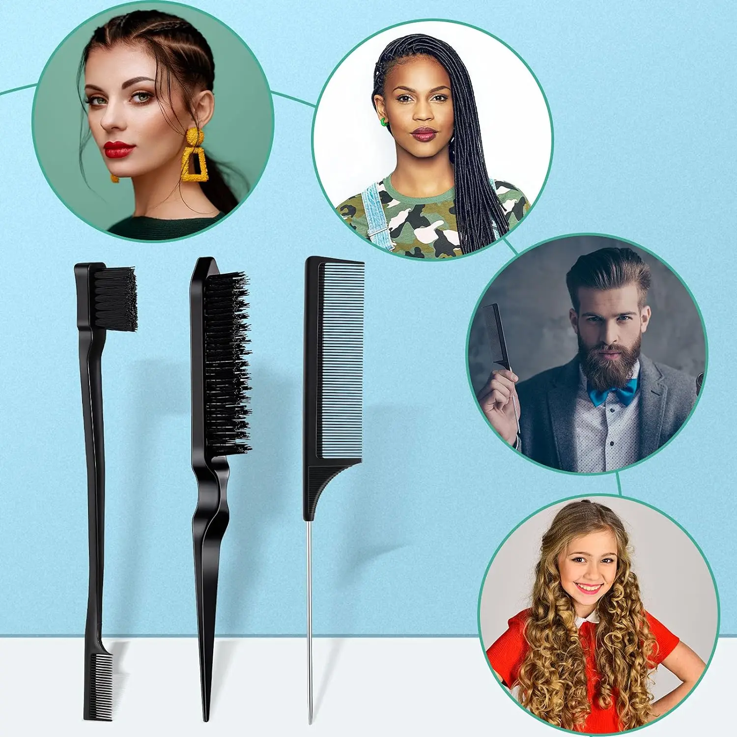 6pcs hair styling set, spray bottle shampoo and brush caps, three hair combs, hair salon tools, special for real hair wigs - view 5