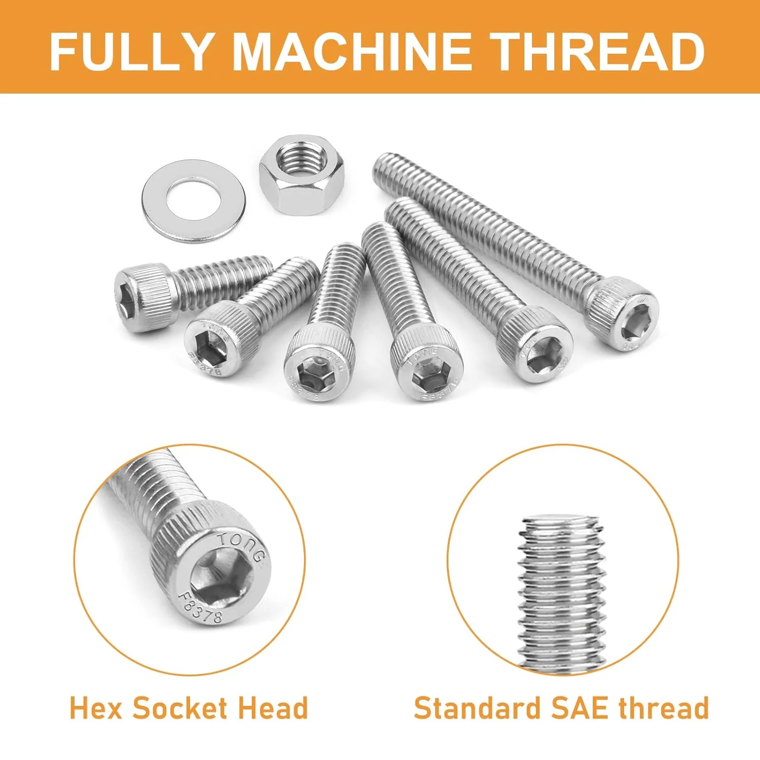 135 Pcs Stainless Steel Cylindrical Head Hex Bolts, standard SAE thread,M5 Metric Hex Head Screws, Nuts and Washers Combo Set