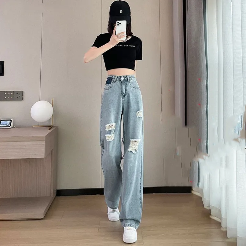 Straight Perforated Fashion Jeans Spring/Summer Korean Edition New High Waist Versatile Loose Wide Leg Pants