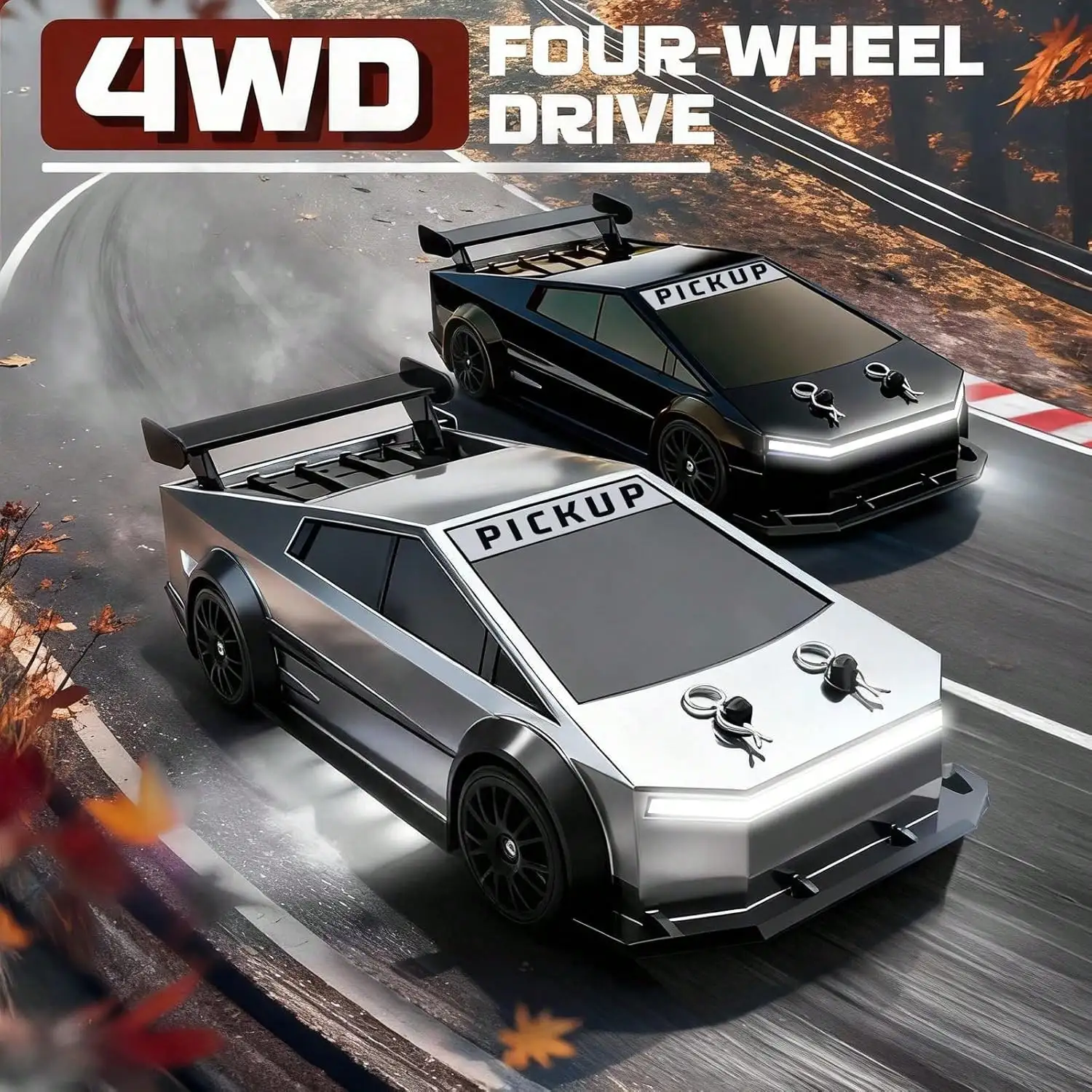 1:24 Scale 4WD RC Drift Car – Futuristic Pickup Remote Control Truck With High/Low Speed, 2 Sets Of Drift & Off-Road Tires, 2.4GHz LED Lights, 2 Batteries – Perfect Christmas Birthday Gift For Boys Girls Ages 6-16