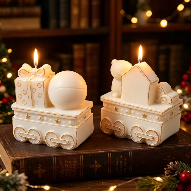 3D-Weihnachtszug-Silikon-Kerzenform, 4 Stile Lebkuchenmann, Bär, Haus, Lokomotive, Schlitten, Wachsform für DIY-Seife und Gips – Detail 8