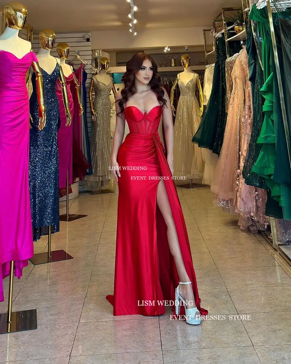 Gaun malam noda Sweetheart merah seksi LISM gaun panjang Prom belahan samping gaun acara Formal Vestidos De Fiesta