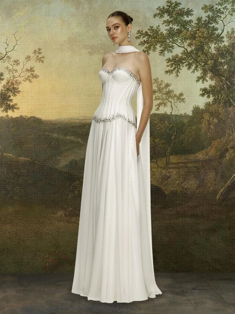 Women White Skirt Two Piece Set Sexy Strapless Diamonds Bandage Top + Long A-line Skirts Sets Evening Cocktail Party Suit
