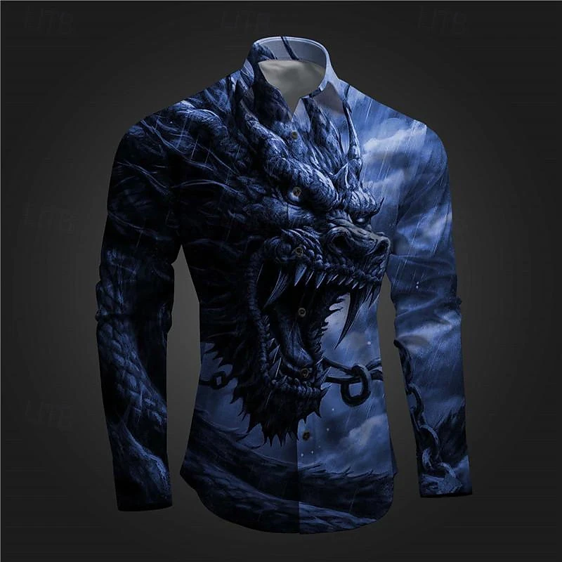 Dragon 3d Print Beach Shirts Long Sleeve Hawaiian Shirts Men's Blouses Graphic Shirt Cuba Camisa Oversized Men's Clothing Lapel