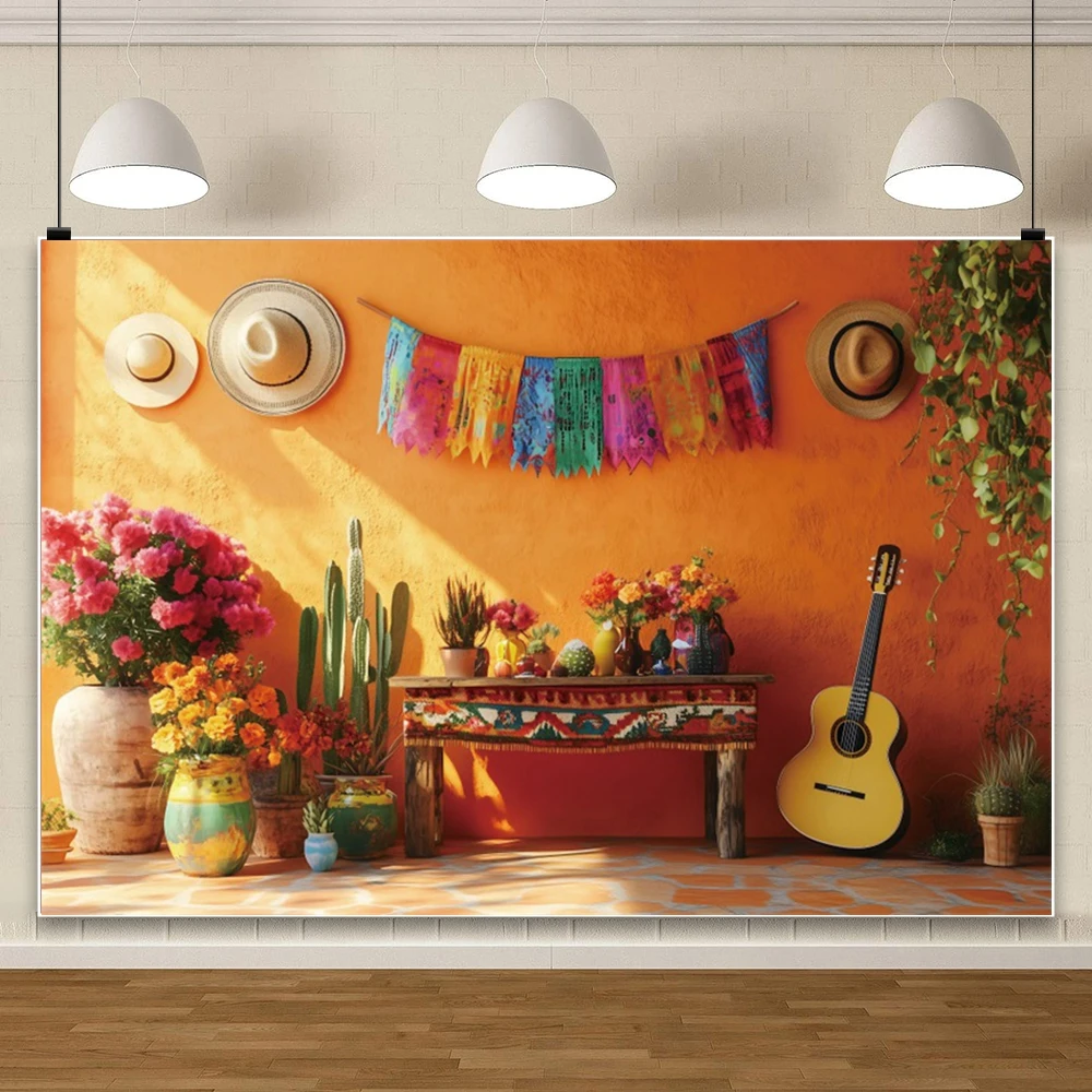 Mexican Style Backdrop Colorful Flags Guitar Cactus Floral Orange Background For Photography Studio Fiesta Party Decorations