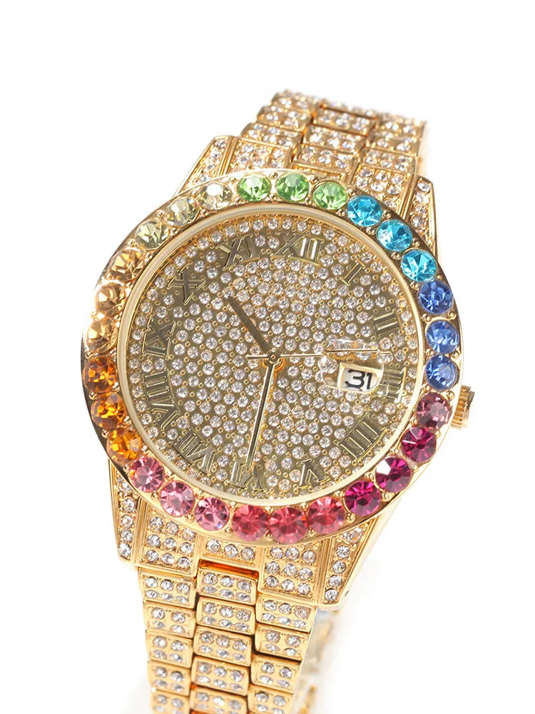 Relojes de pulsera de cuarzo con diamantes brillantes para hombre, accesorio de pulsera de cuarzo chapado en oro, estilo Hip Hop, con cristales, informal, a la moda, con fecha automática