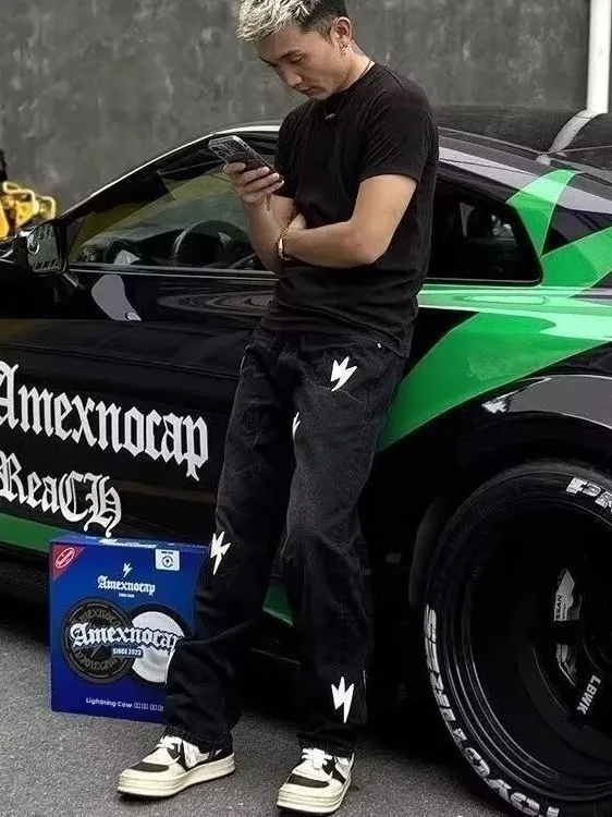 

Large Size 300 Pounds Autumn American Retro Lightning Embroidery Jeans Loose Straight Leg Trousers for Men And Women