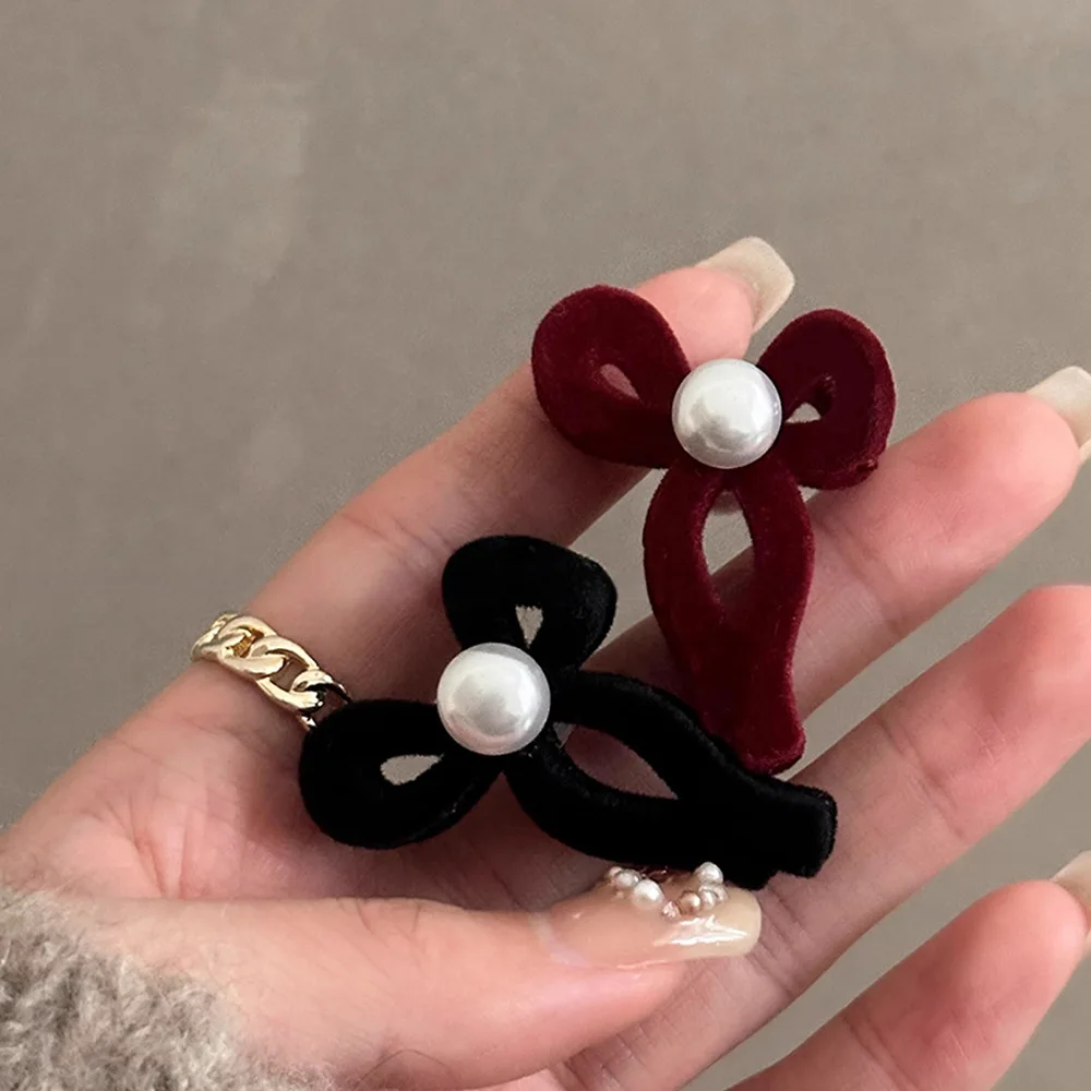 2 Pieces Velvet Bows Side Hair Clips Pearl Hair Accessories For Women Hairpin Mini Cute Girls Headwear 3 Colors