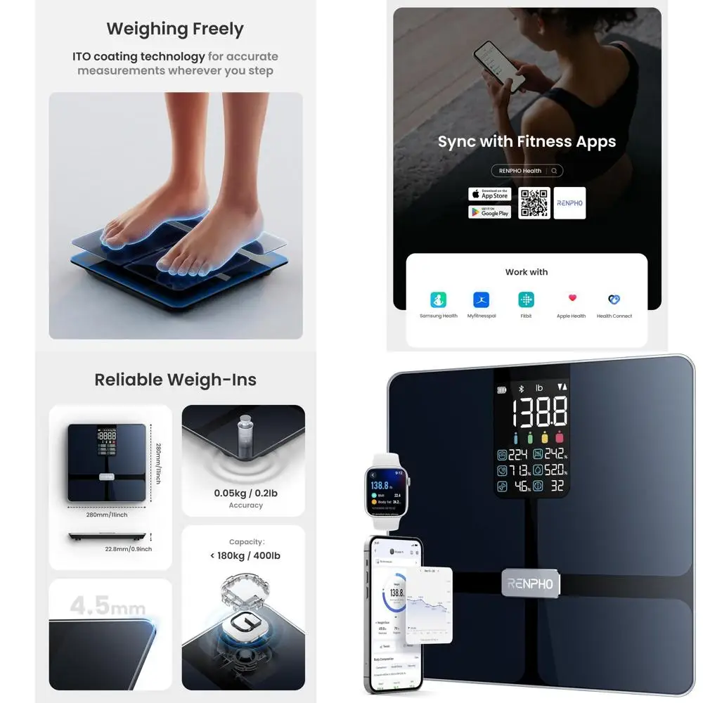 

Умные весы с Bluetooth, измерением ИМТ, жировой массы, мышечной массы, 13 показателями здоровья, большим дисплеем и поддержкой приложения