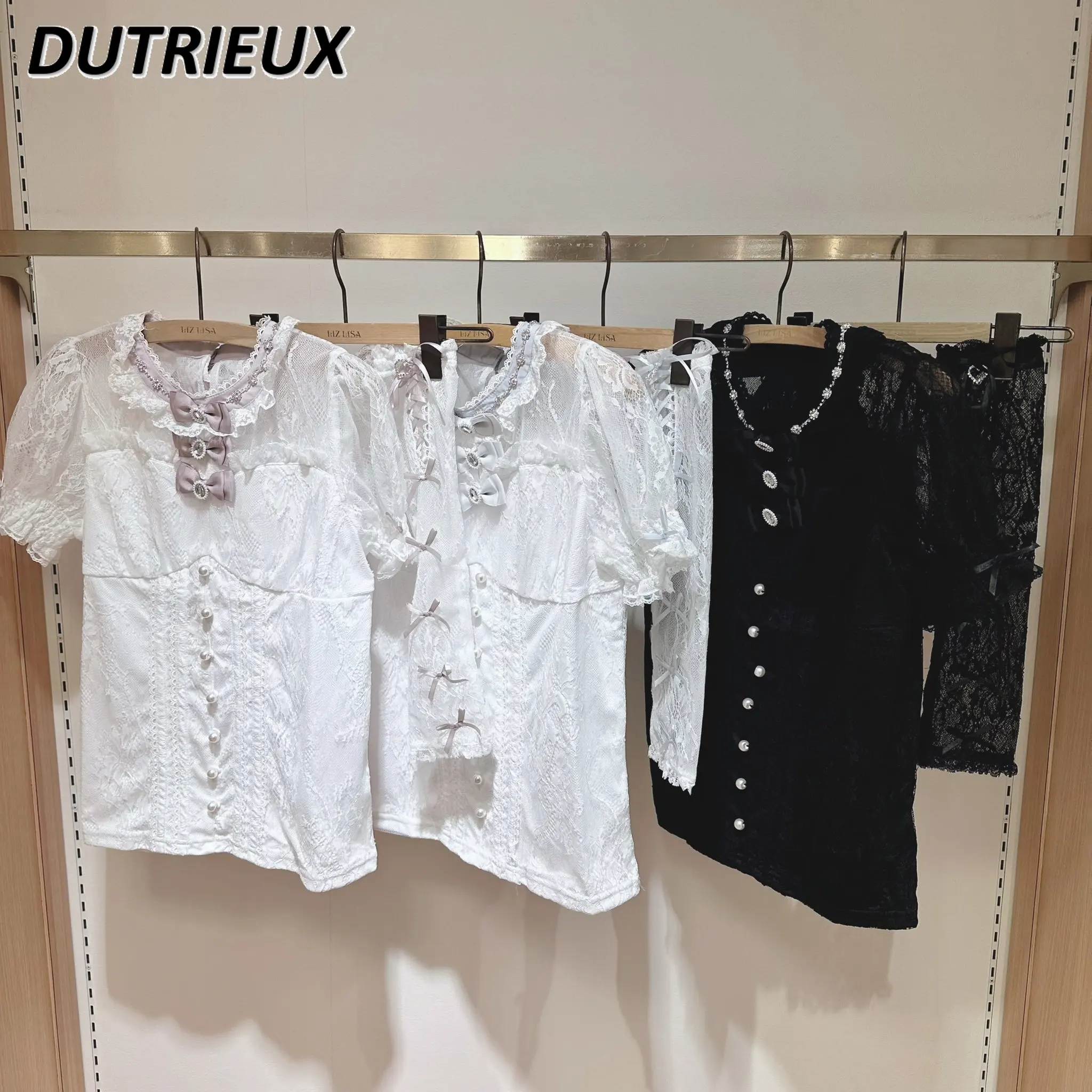 Japanese Style Popular Soft Girl Cute All-matching Tops Mine Mass-Produced Sweet Bow Short Oversleeves Lace Shirt for Women