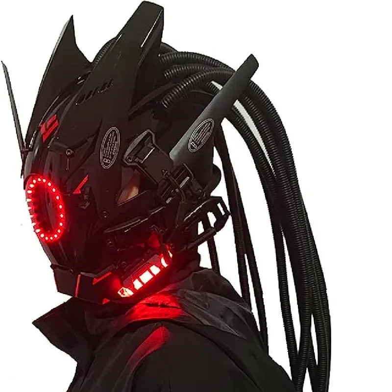 Cyberpunk mask red lighting led with hair Music Festival fantastic cosplay sci-fi soldier helmet Halloween party gift for adults