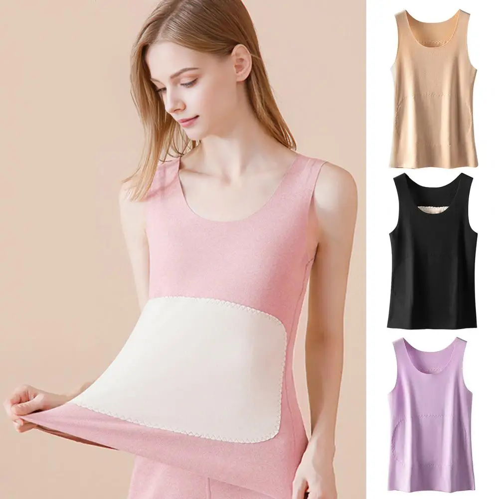 Autumn Winter Women's Thermal Vest Seamless Plush Tank Top with Belly And Back Warm Patch Sleeveless Velvet Undershirt