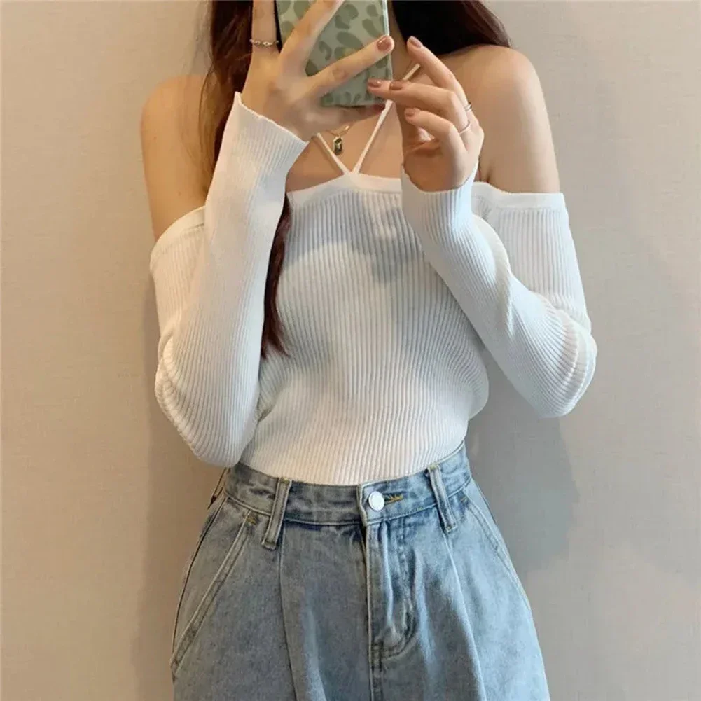 Women Knitted Top Off-Shoulder Polyester Suspenders Top Bateau Collar Cross Size Halter Neck Comfy Fashion