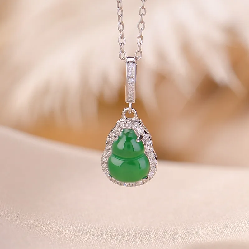 

TIMESWIND Blessing Jade Green Gourd S925 Coins Full Zircon Women Necklace with Certificate