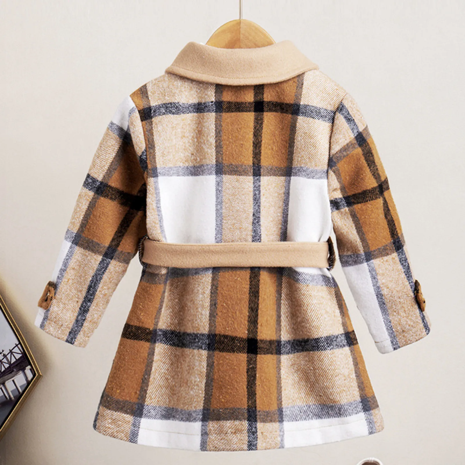 Autumn Winter Kids Girls Wools Jacket Long Sleeve Turn-down Collar Button Waist Belt Fashion Closure Plaid Patchwork Coats