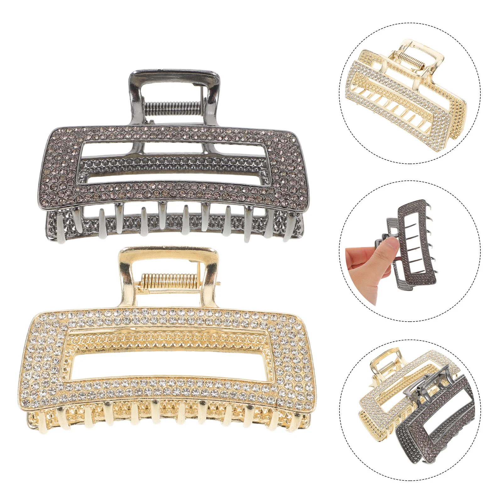 

2pcs Large Rhinestone Claw Clips Square Crystal Jaw Clamps For Women Thick Hair Non-Slip Updo Chignon Holders Metal Bun