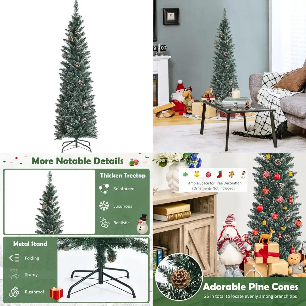 

Искусственная рождественская елка с тонким карандашом, 5 футов, со снежным эффектом, 214 наконечников из ПВХ, 25 сосновых шишек, идеально подходит для праздничных торжеств