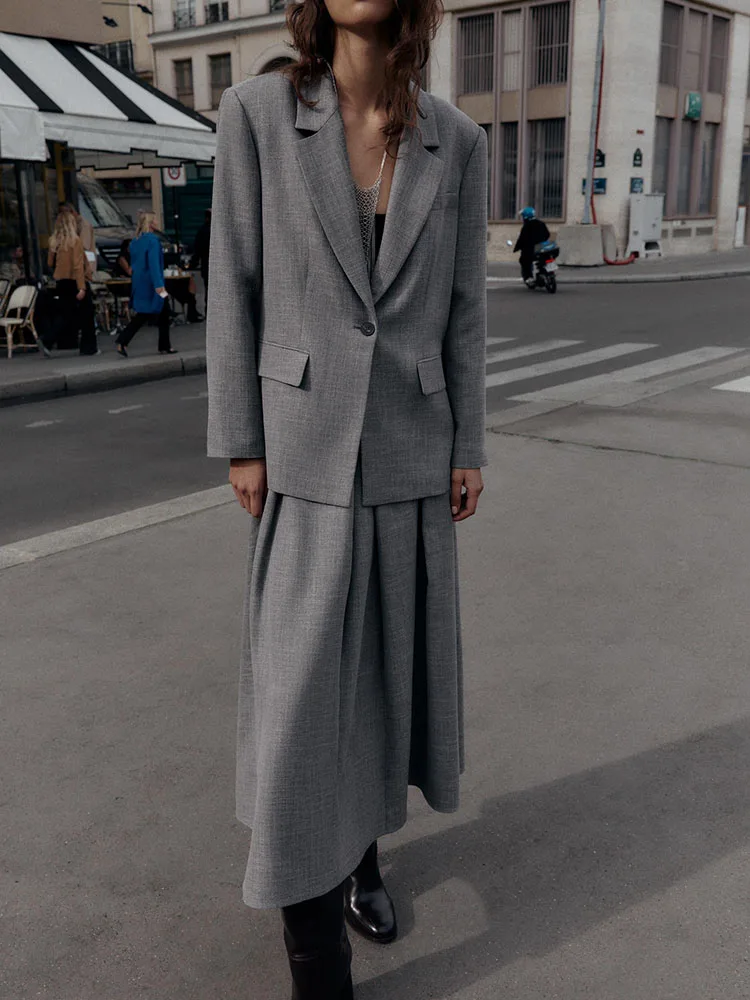 

New 2025 Autumn Women's Suit Jaet Midi Skirt Faion Neutral Sle Long Sve One Button Closure Che Pattern Daily Wear