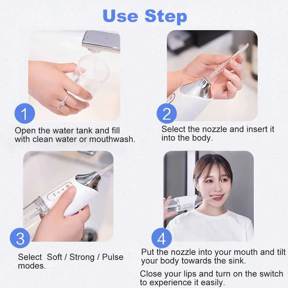 مرواء فموي قابل لإعادة الشحن بمنفذ USB ، خيط مائي محمول نفاث للأسنان ، منظف أسنان ، خزان مياه كبير مع 4 فوهات ،
