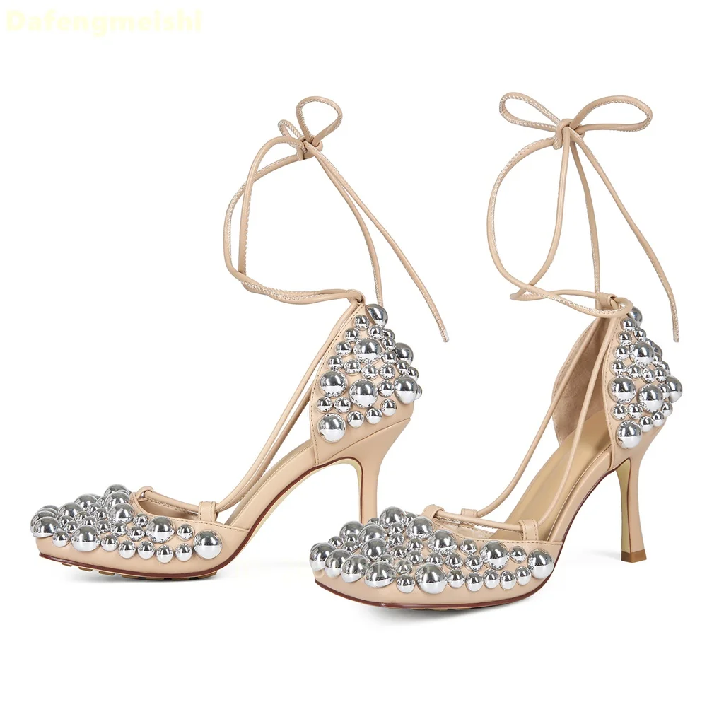 Nude Gold/silver Metal Bead Square Toe Sandals Ankle Wrap Lace Up Stiletto Heels High Heel Sandals Women Wedding Party Sandals