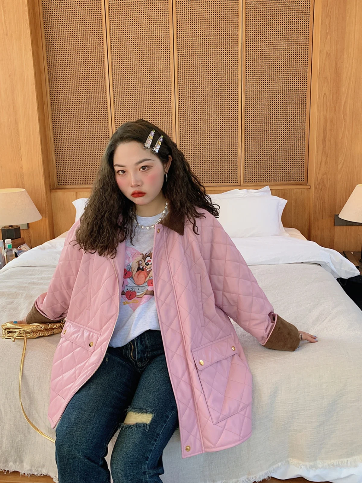 

Faionable Thin Cotton Lined Leather Jaet Women's Autumn Winter New Sle Commute Sle round Ne Long Sve Coat