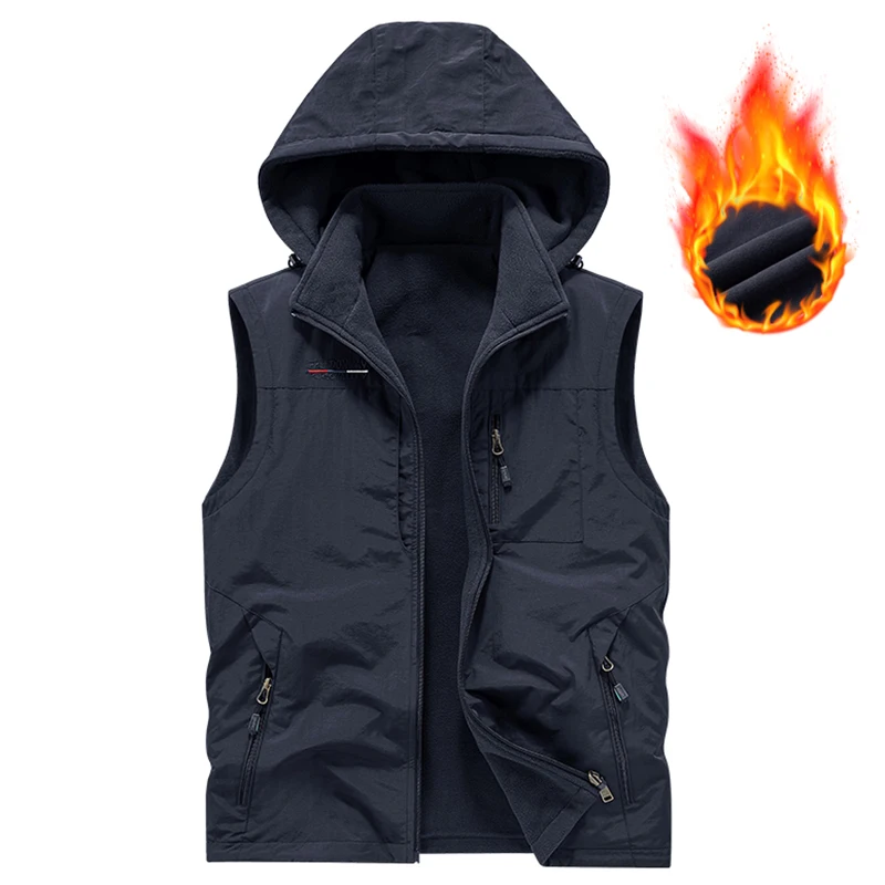 Men Winter New Hooded Fleece Warm Vest Men Fashion Windproof Multi-pocket Photographer Waistcoat Detachable Hat Thick Vest Male