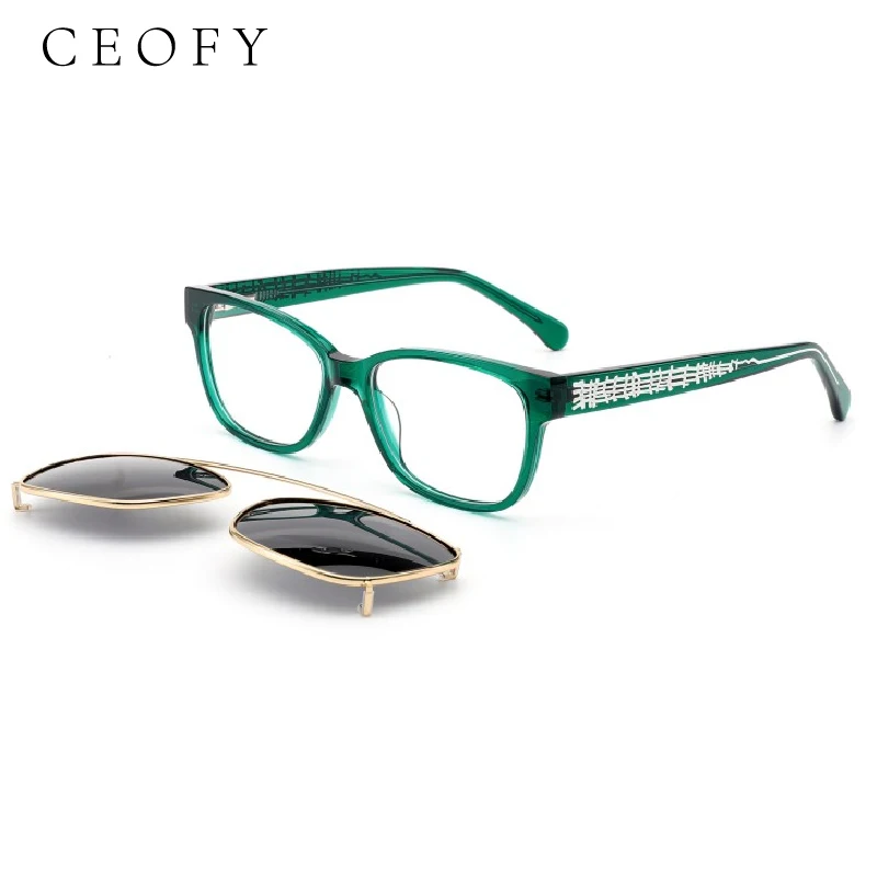 

Ceofy Women Acetate Square Eyeglasses Frame Green Stylish 2 In 1 Polarized Sunglasses Optical Myopia Glasses Frame High Quality