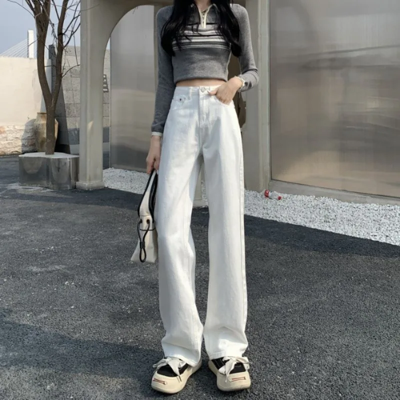 

Джинсы полной длины для женщин, простые, шикарные, повседневные, универсальные, весенне-осенние, с высокой талией, для молодых студентов, с карманами, крутой крой, прямые