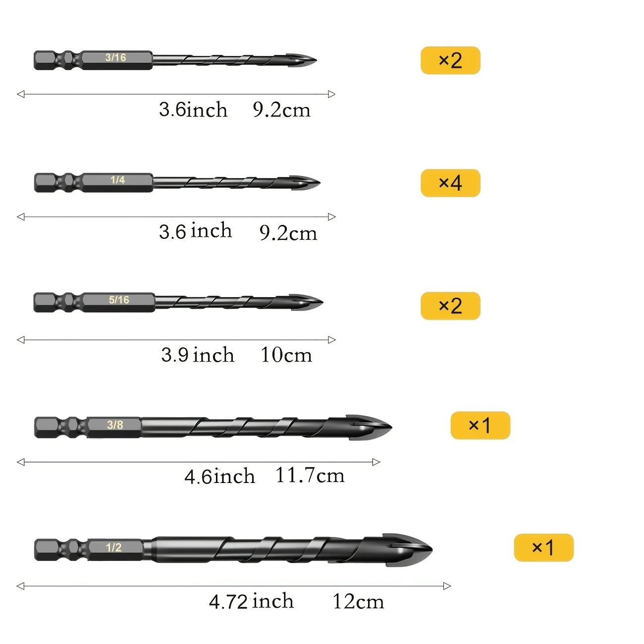 3/16 Zoll-1/2 Betonbohrer-Set, 10-teilig, Steinbohrer für Ziegel, Glas, Kunststoff und Holz, Wolframkarbidspitze – Detail 5