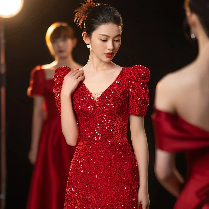 

Red Sequin Wedding Dr 2025 New Sle Evening Gown for Bride Par Performance Korean Sle Bubble Sve mid Waist Long Dr