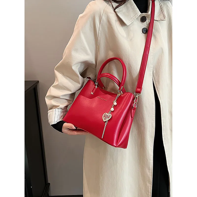 Korean Version Fashion Red Bridal Wedding Bag Handbag Women\'s 2024 New Luxury High Quality One Shoulder Crossbody Bag Square Bag