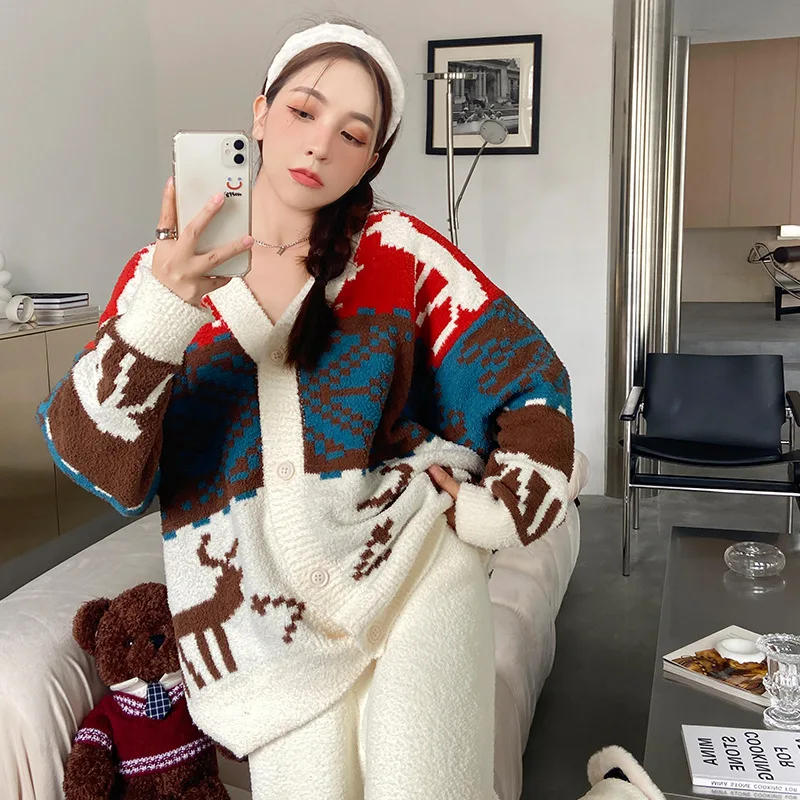 Velvety WomenPajamas Sets Sleepwear Elk Design Loose Autumn Winter Thick Warm Long Sleeve Homewear Suits Ins Christmas Pyjamas