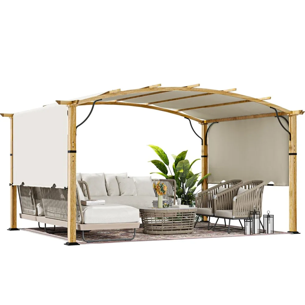 

10' x13' Outdoor Retractable Pergola, Patio Metal Pergola with Sun Shade Canopy, Wood-Grain Aluminum Pergola, Customized