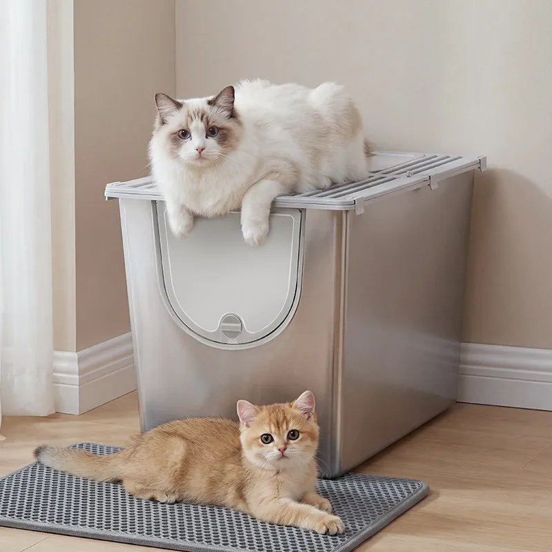 #60cm One-Piece Cat Litter Box with Lid Fully Enclosed Cats Toilet Anti-Splash Metal Kitty Litter Pan Stainless Steel Cat Bedpan