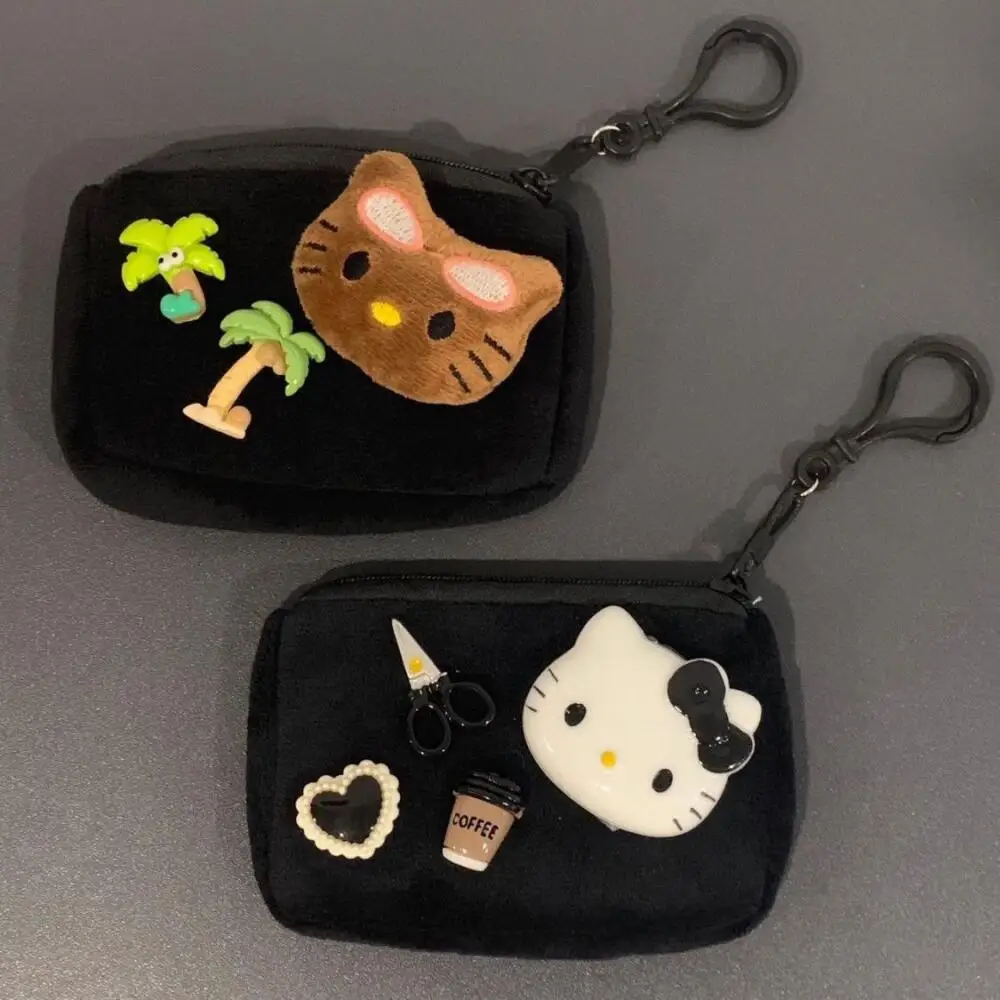 Sanrio Hello Kitty Black Plush Coin Purse Portable Cartoon Bag Pendant Mini Storage Bag Cute Earphones Storage Bags Coin Purse