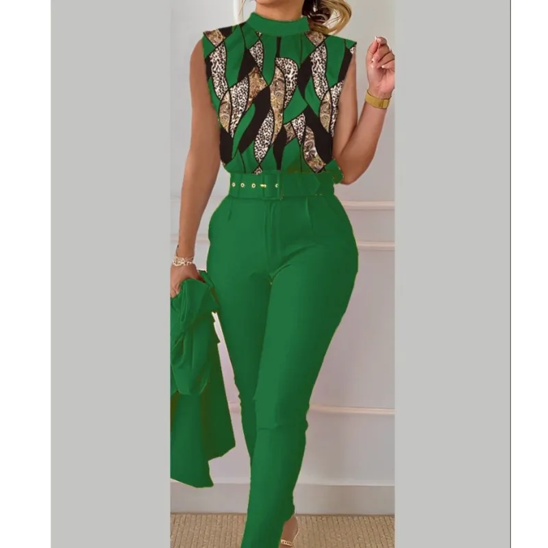 Frauen Elegante Ärmellose Druck Hemd Und Hose Sets Lässige Mode Oansatz Dünne Hosen Zwei Stück Set 2025, Sommer Büro Dame Outfit