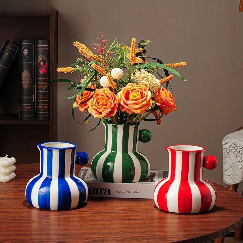 Colorful Stripes Creative Ceramic Vase Plant Pots Table Decoration Ornaments Flower Arrangement Floral Vase Room Aesthetic Decor