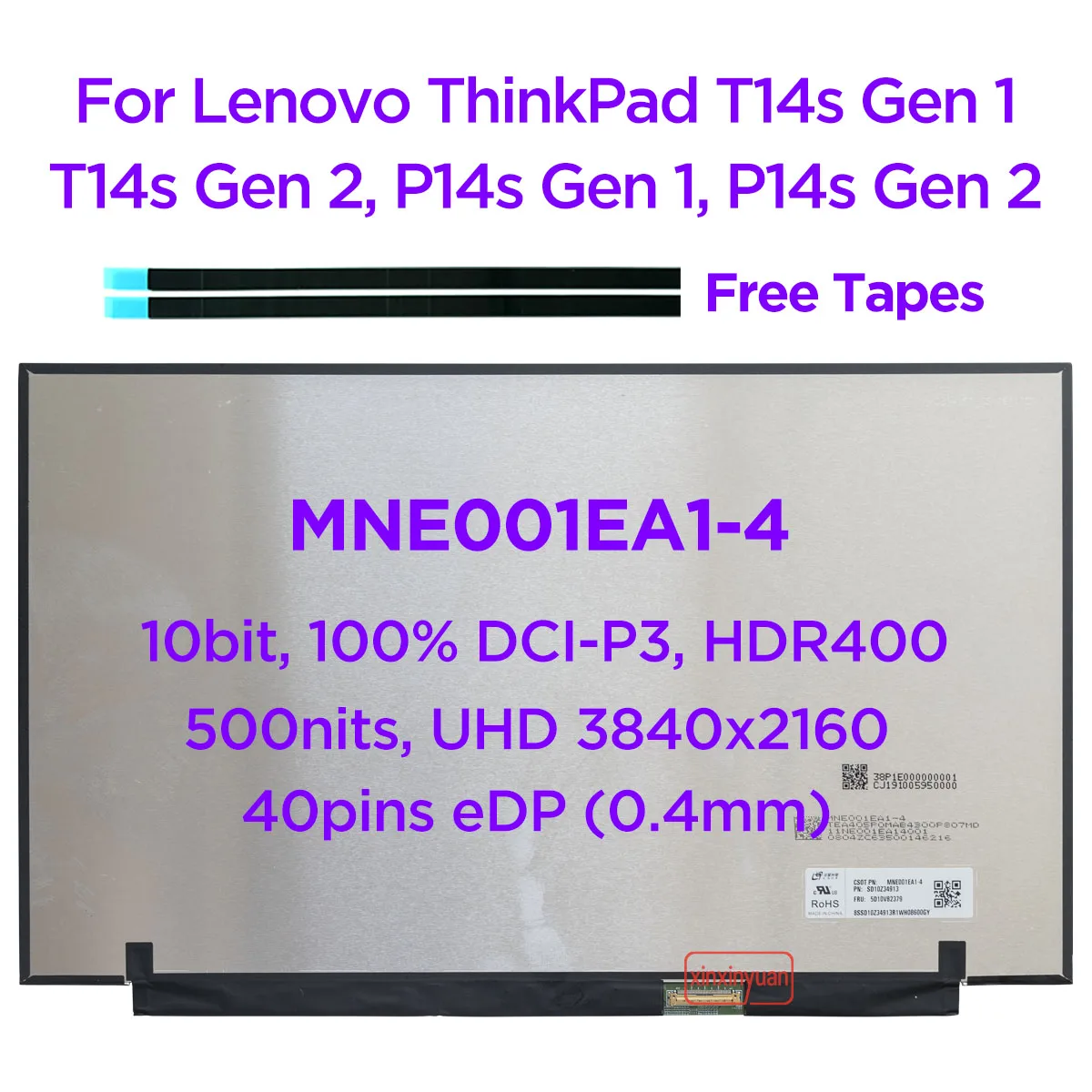 14.0 IPS Laptop LCD Screen MNE001EA1-4 MNE001EA1-1 For Lenovo ThinkPad T14s P14s Gen 1 Gen 2 UHD 3840x2160 500nits HDR400 40pins