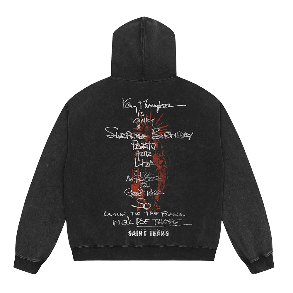 2025ss Tie Dye Graffiti Saint Tears Hoodies Pullovers Hooded Men Women Vintage Washed Black Oversized Hoodie Sweatshirt