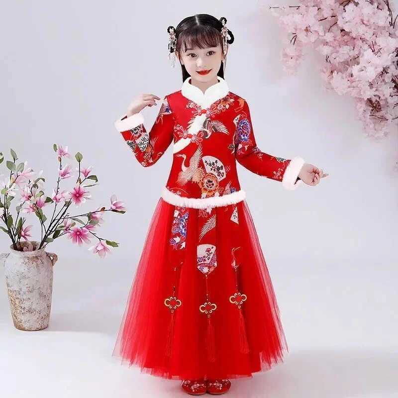 

Children's New Year's Day clothes, girls' Tang dresses, velvet thickened princess dresses, Chinese winter dresses, cheongsam, ha