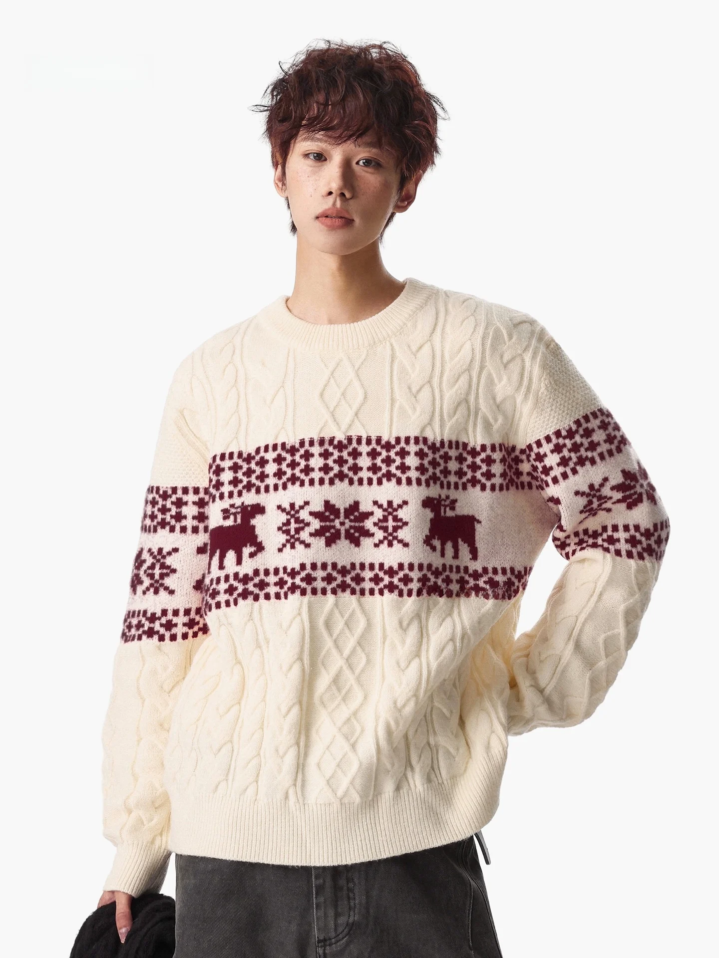 

Красный мужской вязаный свитер Cisas Snowflake с круглым вырезом, утепленный, повседневный, свободного кроя, имитация оленьего меха, трикотаж