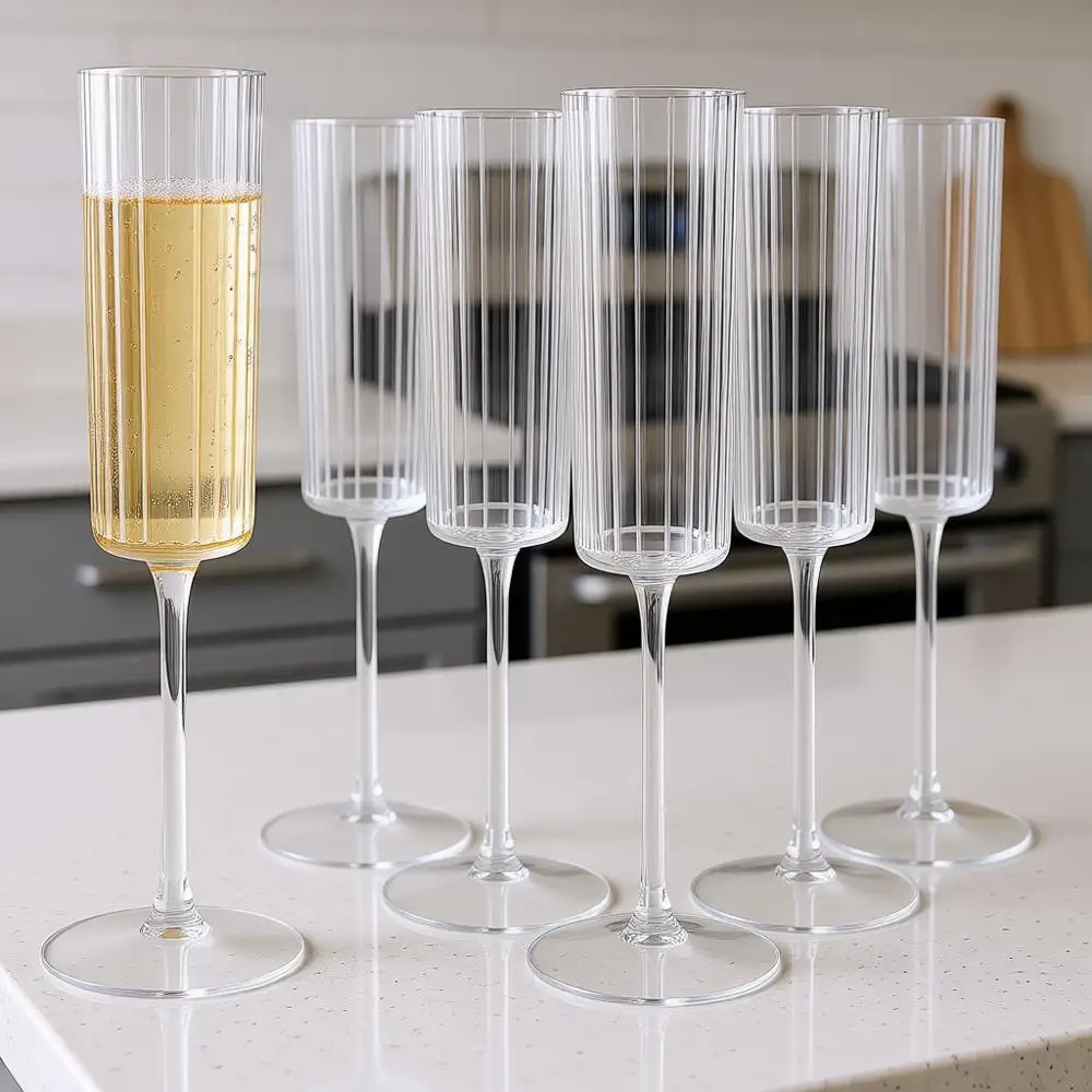 

Набор из 24 рифленых одноразовых бокалов для шампанского объемом 6 унций — прозрачные винтажные бокалы для мимозы с длинной ножкой для элегантных мероприятий