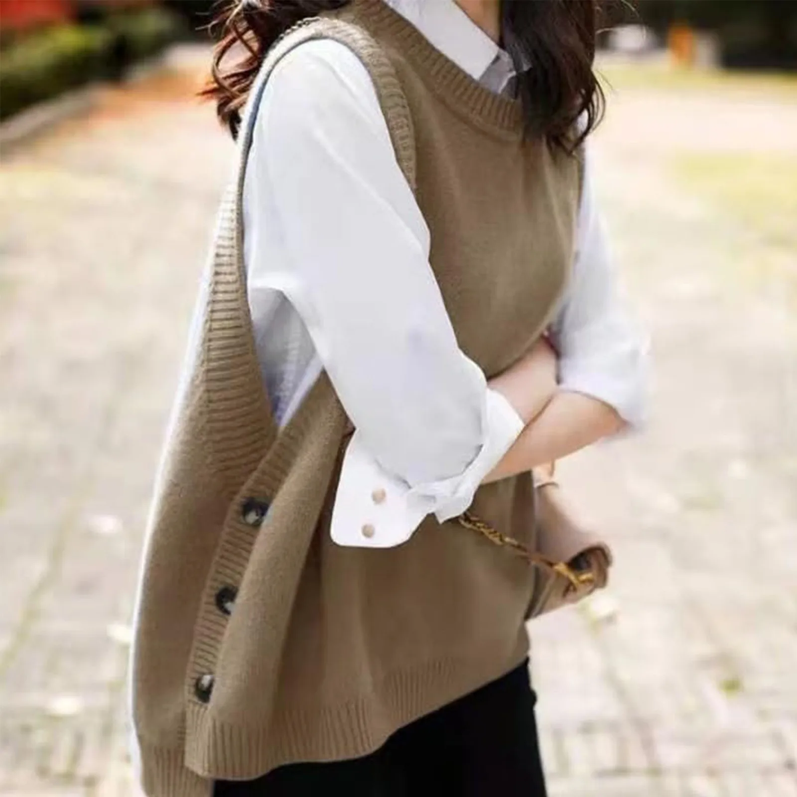 S Size Sweater Women'S Sleeveless Side Button Round Ruffles Neck Vest Blouse Winter Warm Causal Outdoor Pure Waistcoat Soft Tops