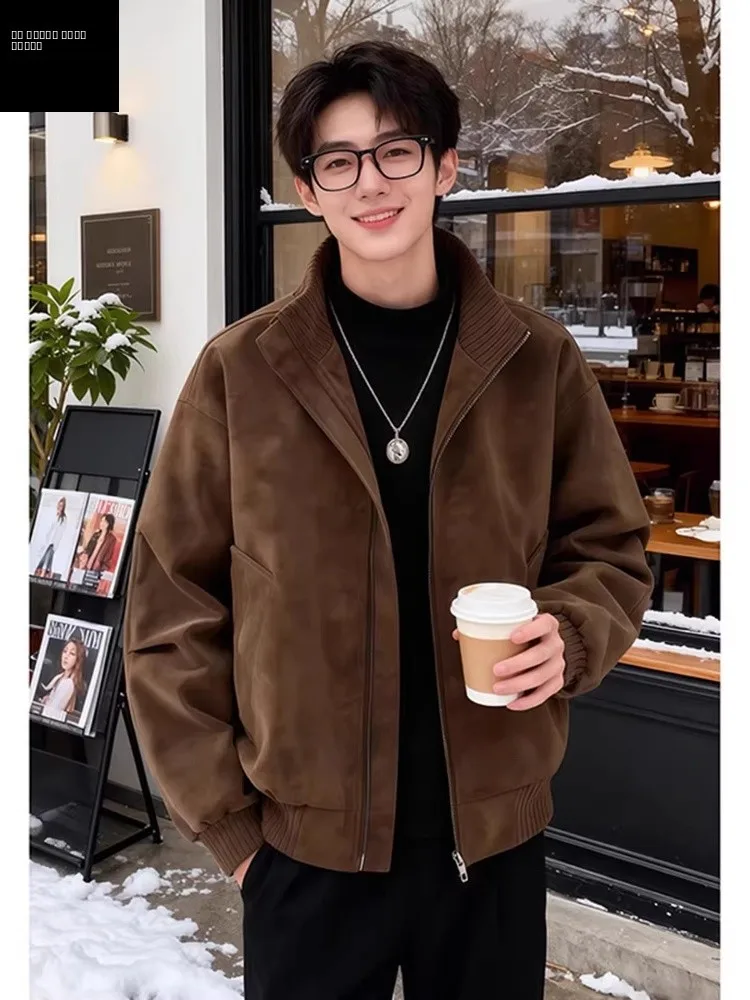 

Men's Brown Fce Lined Thiened Leather Jaet ort Sle Vintage American Winter Coat Stand Collar Baseball irt